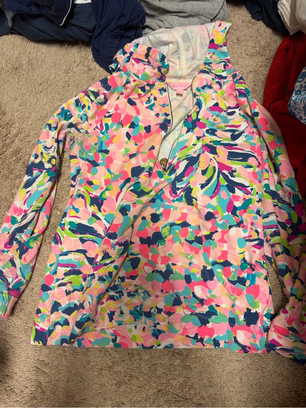 Lilly Pulitzer Multicolor Floral Hooded Half-Zip Pullover - Pink, Blue, Green